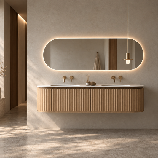 Nordic shape 180 eik med dobbel/servant UTEN hull for blandebatteri. Inkludert speil.