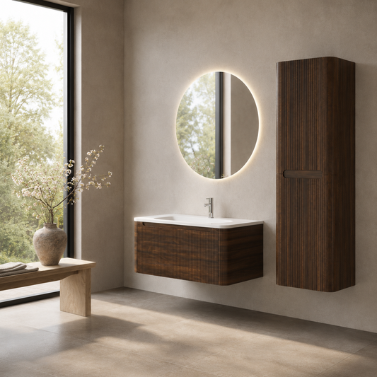 Flow baderomsmøbel 80 cm valnøtt m/hvit matt servant + ledspeil og høyskap