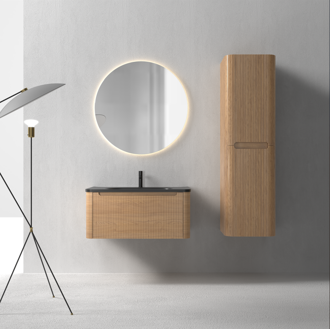 Flow baderomsmøbel 80 cm eik m/sort matt servant + ledspeil og høyskap