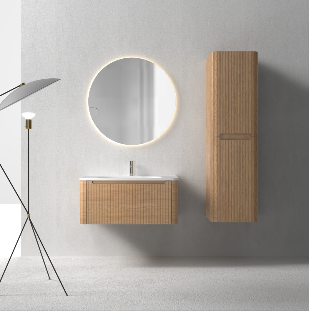 Flow baderomsmøbel 80 cm eik m/hvit matt servant + ledspeil og høyskap