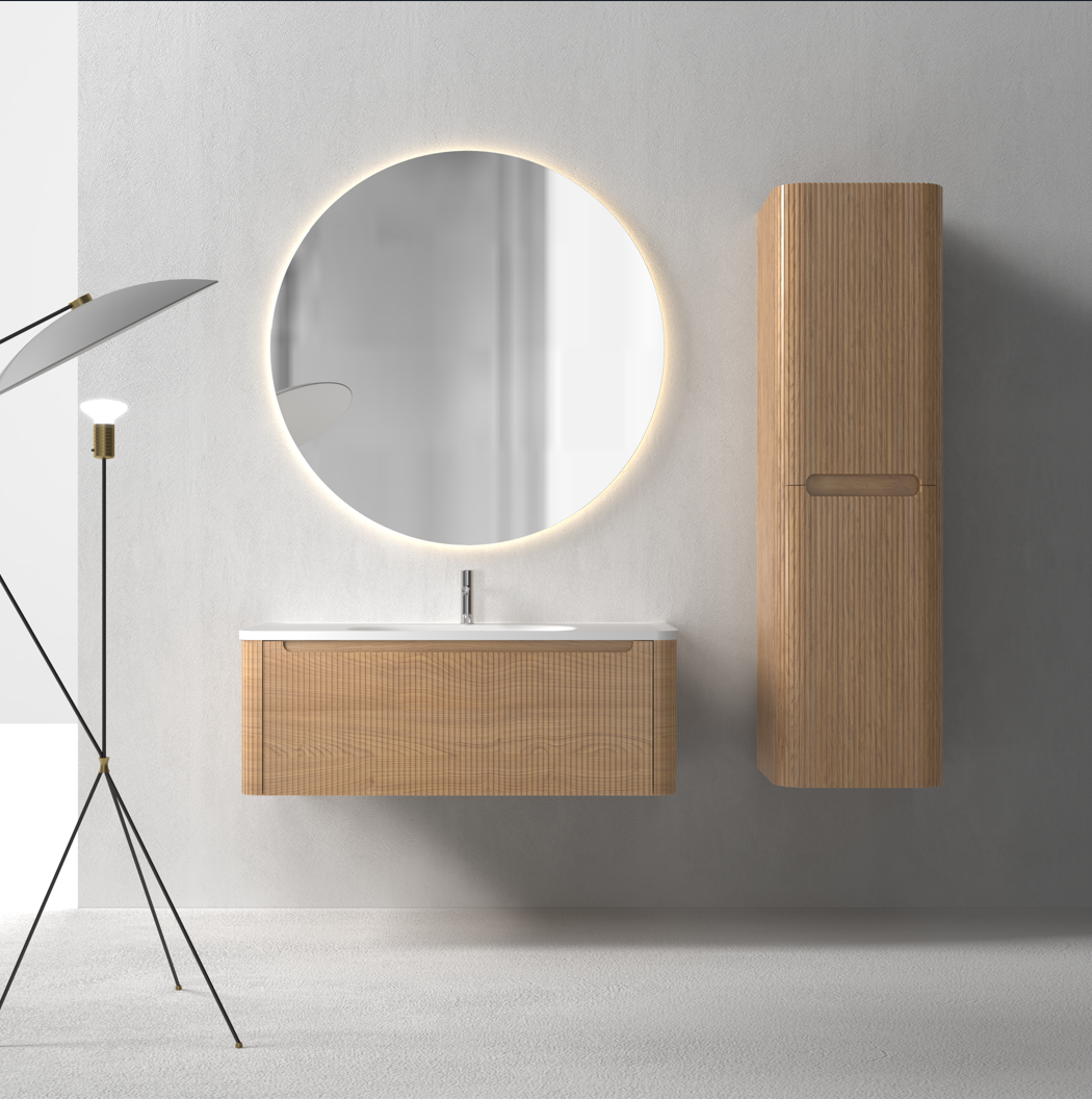 Flow baderomsmøbel 100 cm eik m/hvit matt servant + ledspeil og høyskap