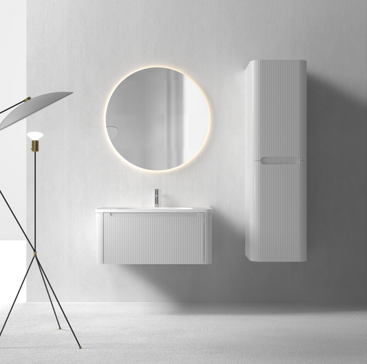 Flow baderomsmøbel 80 cm hvit m/hvit matt servant + ledspeil og høyskap