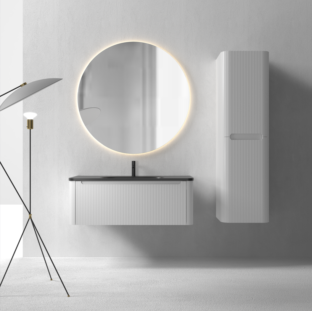 Flow baderomsmøbel 100 cm hvit m/sort matt servant + ledspeil og høyskap