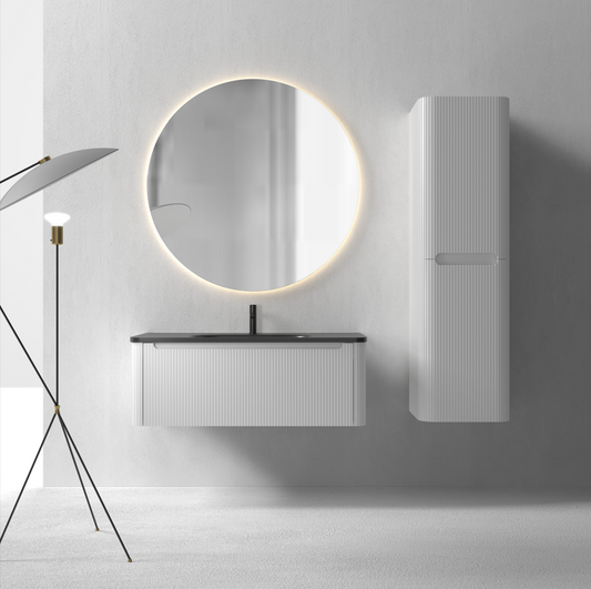 Flow baderomsmøbel 100 cm hvit m/sort matt servant + ledspeil og høyskap