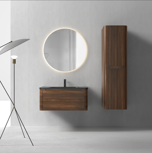 Flow baderomsmøbel 80 cm valnøtt m/sort matt servant + ledspeil og høyskap