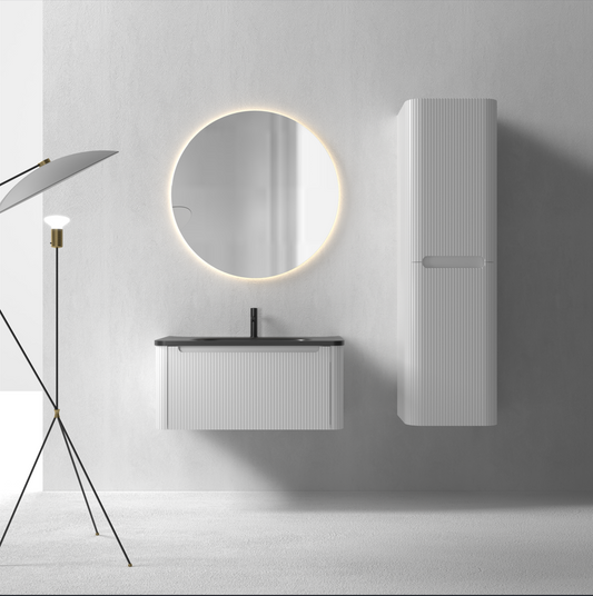Flow baderomsmøbel 80 cm hvit m/sort matt servant + ledspeil og høyskap