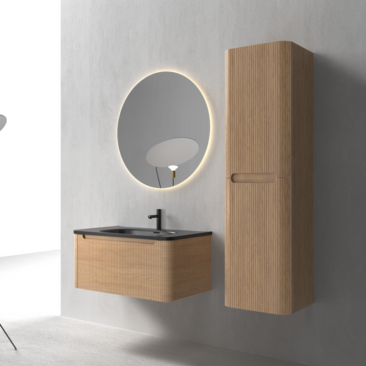 Flow baderomsmøbel 80 cm eik m/sort matt servant + ledspeil og høyskap