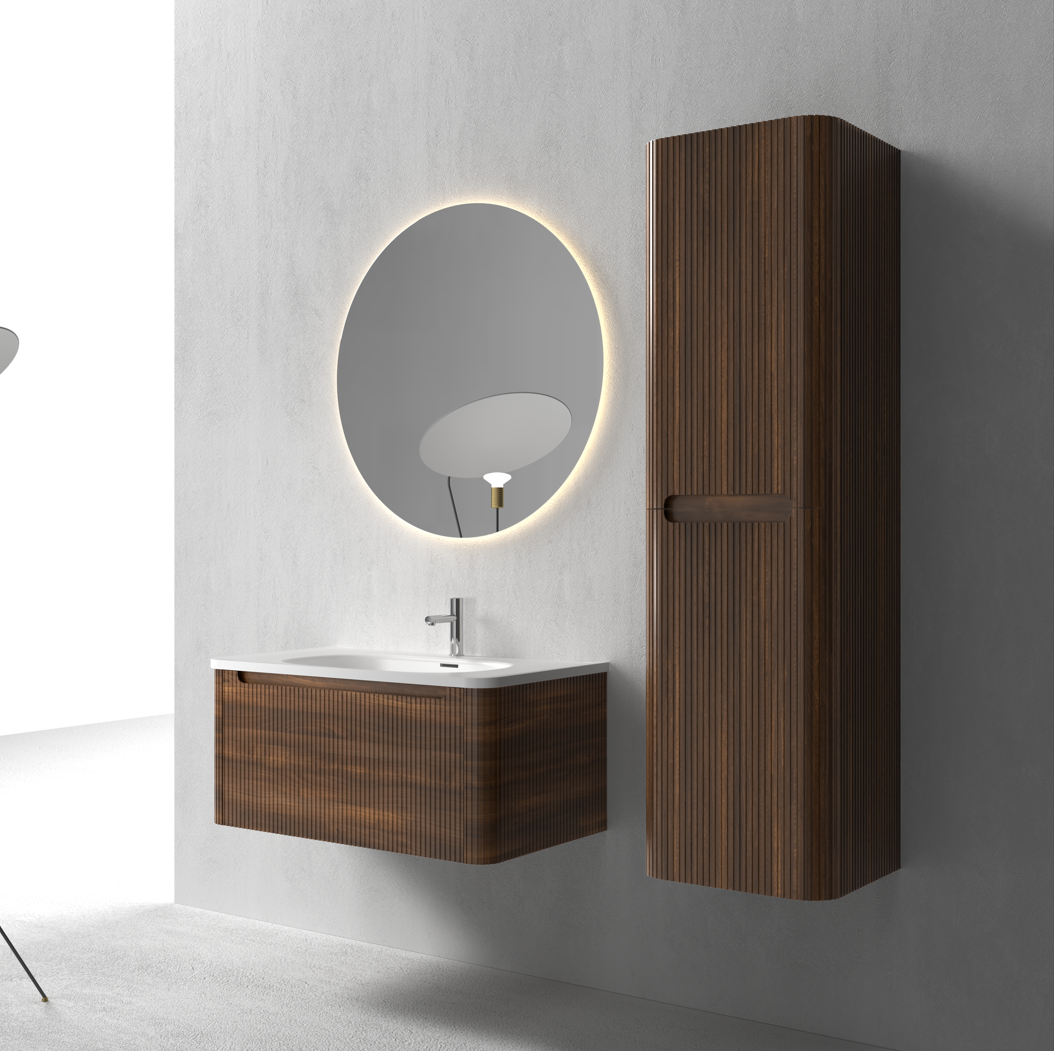 Flow baderomsmøbel 80 cm valnøtt m/hvit matt servant + ledspeil og høyskap