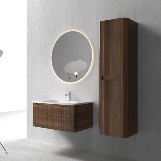 Flow baderomsmøbel 80 cm valnøtt m/hvit matt servant + ledspeil og høyskap