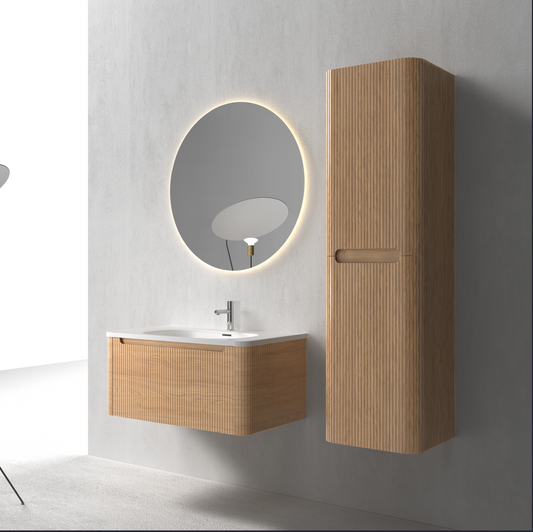 Flow baderomsmøbel 80 cm eik m/hvit matt servant + ledspeil og høyskap