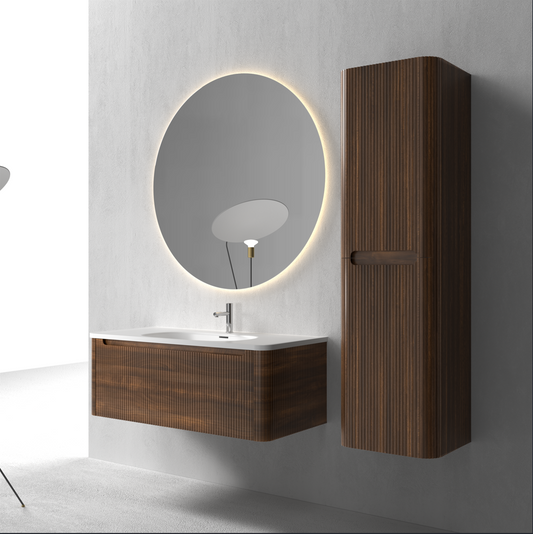 Flow baderomsmøbel 100 cm valnøtt m/hvit matt servant + ledspeil og høyskap