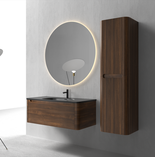 Flow baderomsmøbel 100 cm valnøtt m/sort matt servant + ledspeil og høyskap