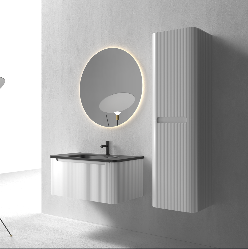 Flow baderomsmøbel 80 cm hvit m/sort matt servant + ledspeil og høyskap