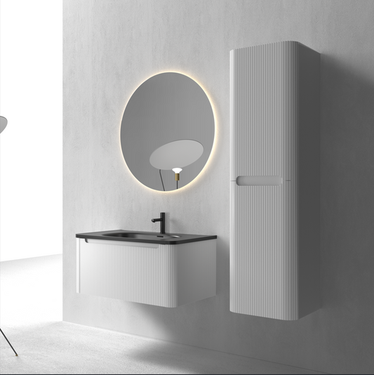Flow baderomsmøbel 80 cm hvit m/sort matt servant + ledspeil og høyskap