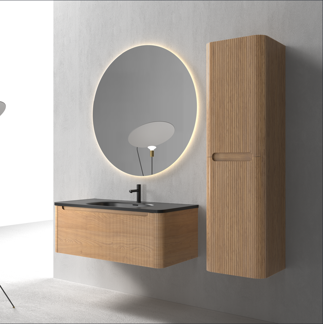 Flow baderomsmøbel 100 cm eik m/sort matt servant + ledspeil og høyskap