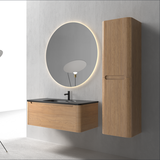 Flow baderomsmøbel 100 cm eik m/sort matt servant + ledspeil og høyskap