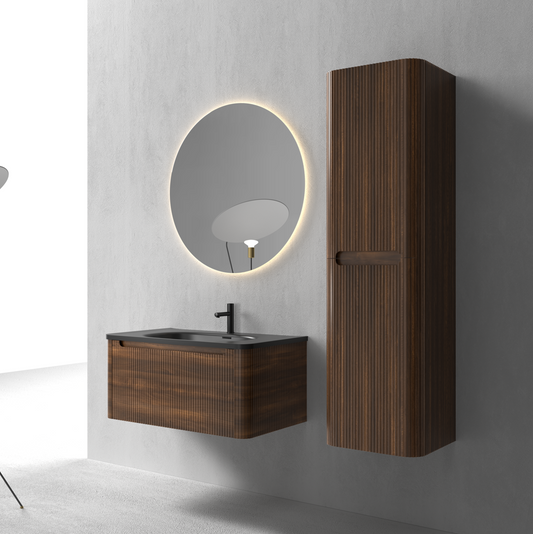 Flow baderomsmøbel 80 cm valnøtt m/sort matt servant + ledspeil og høyskap