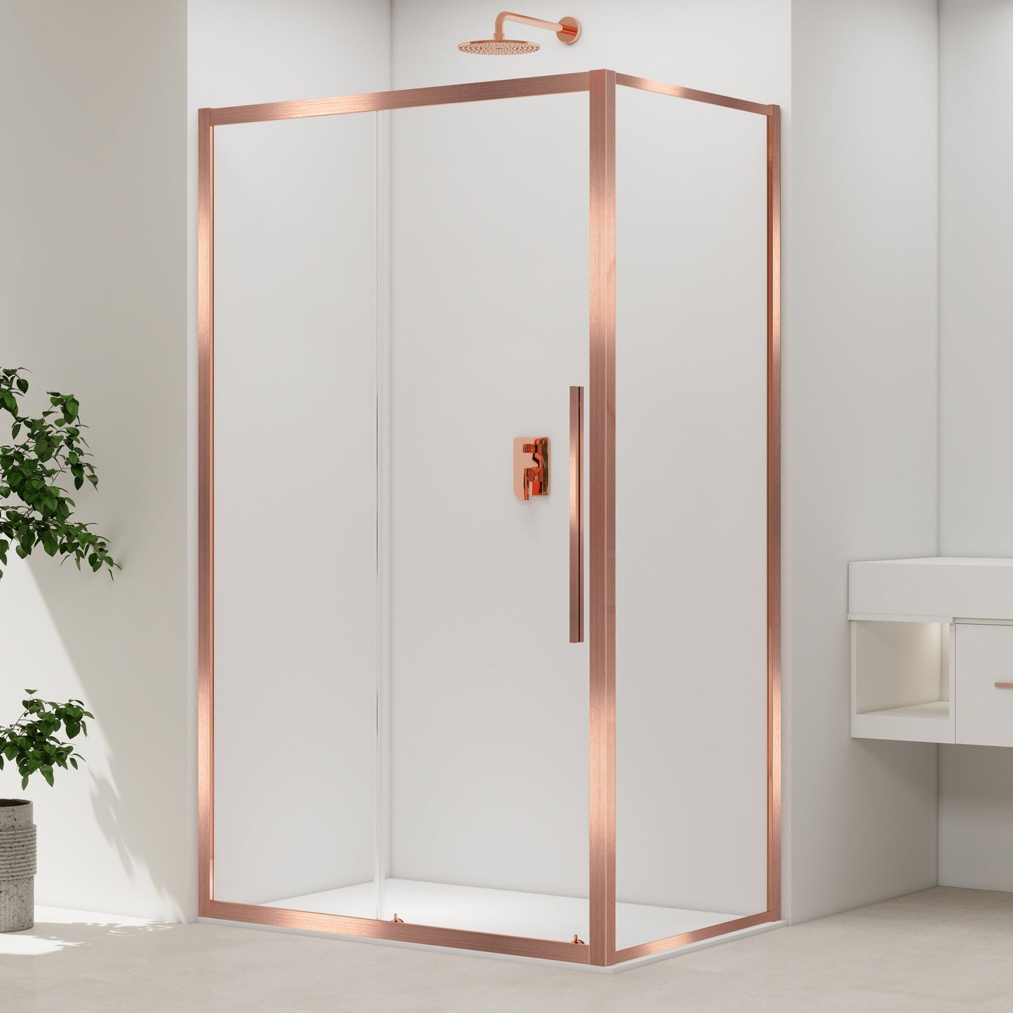 Linda pro skyvedør med fastfelt, klart glass, børstet kobber profil