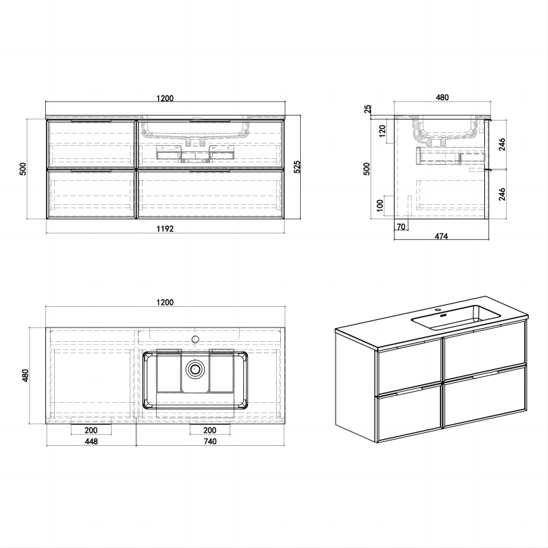 Essence 120 eik m/hvit matt høyre servant
