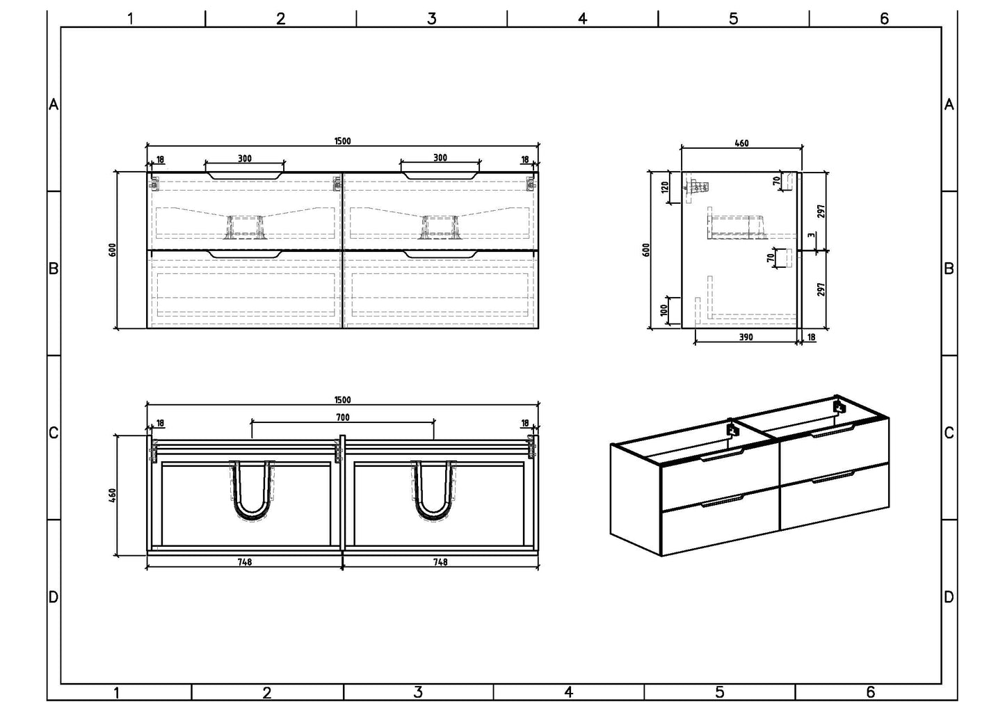 Lindesnes 150 cm sort matt  m/dobbel servant, 2 skap og ledspeil