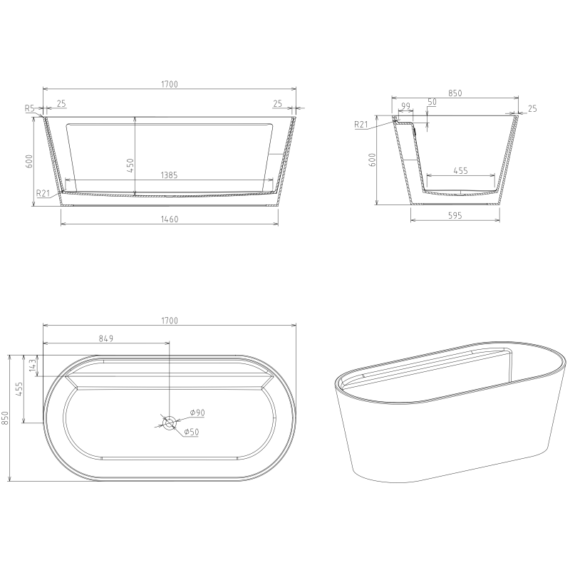 Accor 170 cm akryl badekar med kant, hvit matt