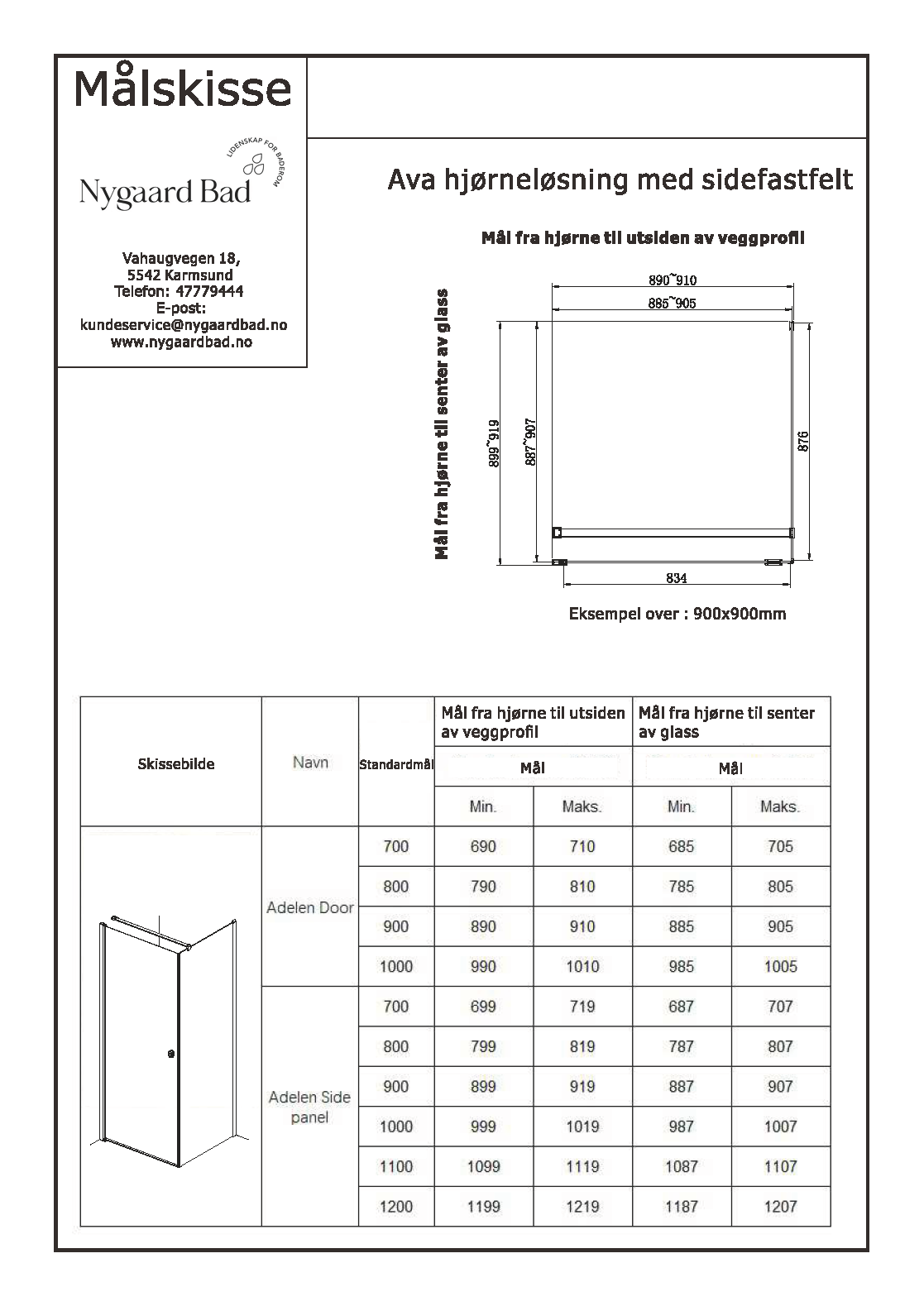 Adelen 100 cm dør + sidefastfelt 90 cm klart glass, sort matt profil