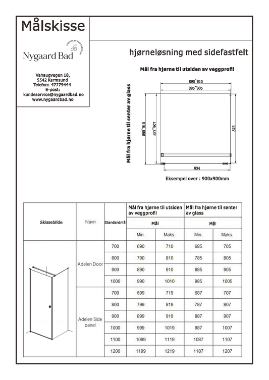 Adelen 80 cm dør + sidefastfelt 100 cm sotet glass, sort matt profil