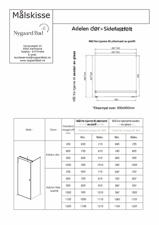 Adelen 90 cm dør + sidefastfelt 80 cm klart glass, sort matt profil