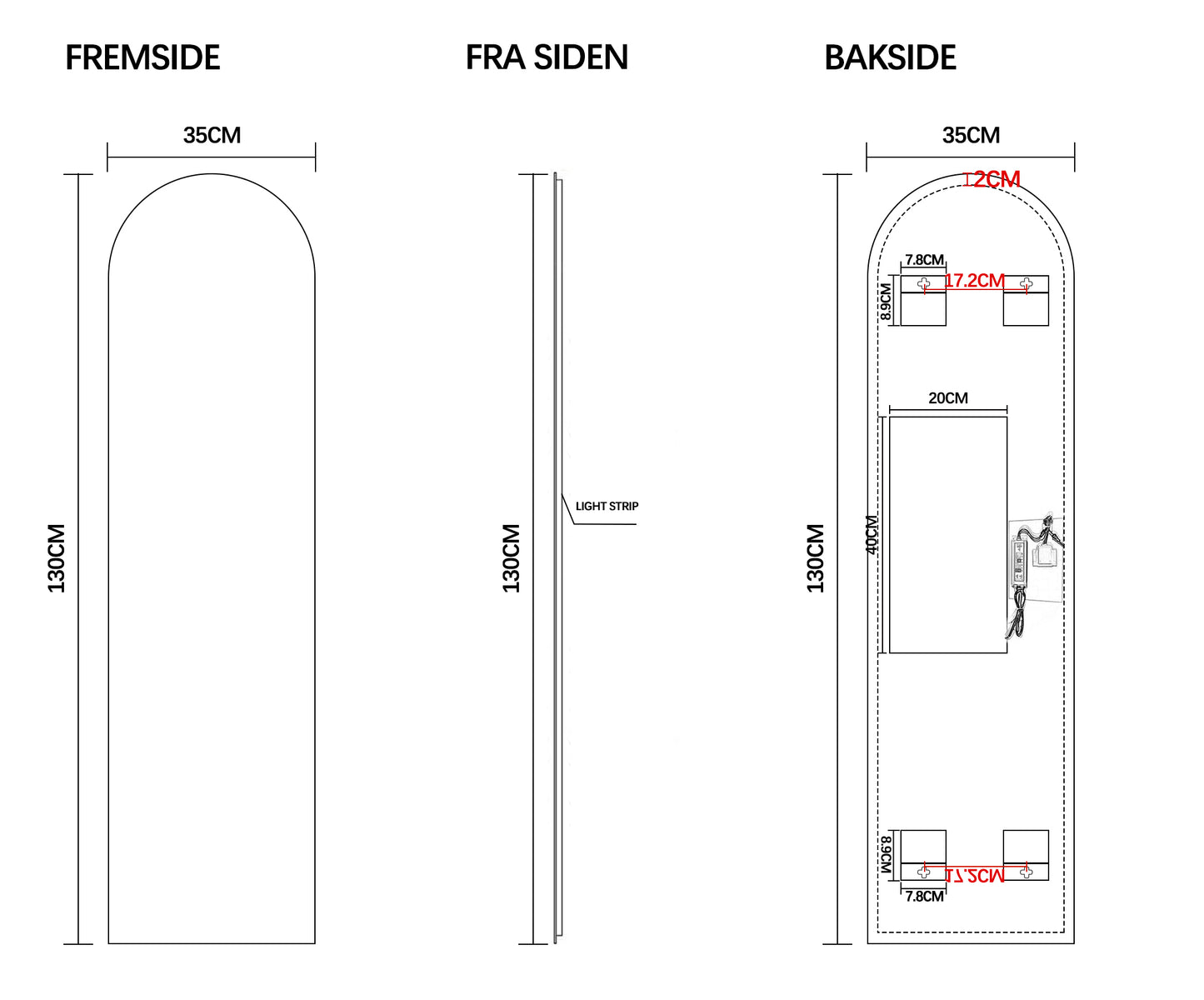 Bologna lysspeil m/antidugg 35x130 cm