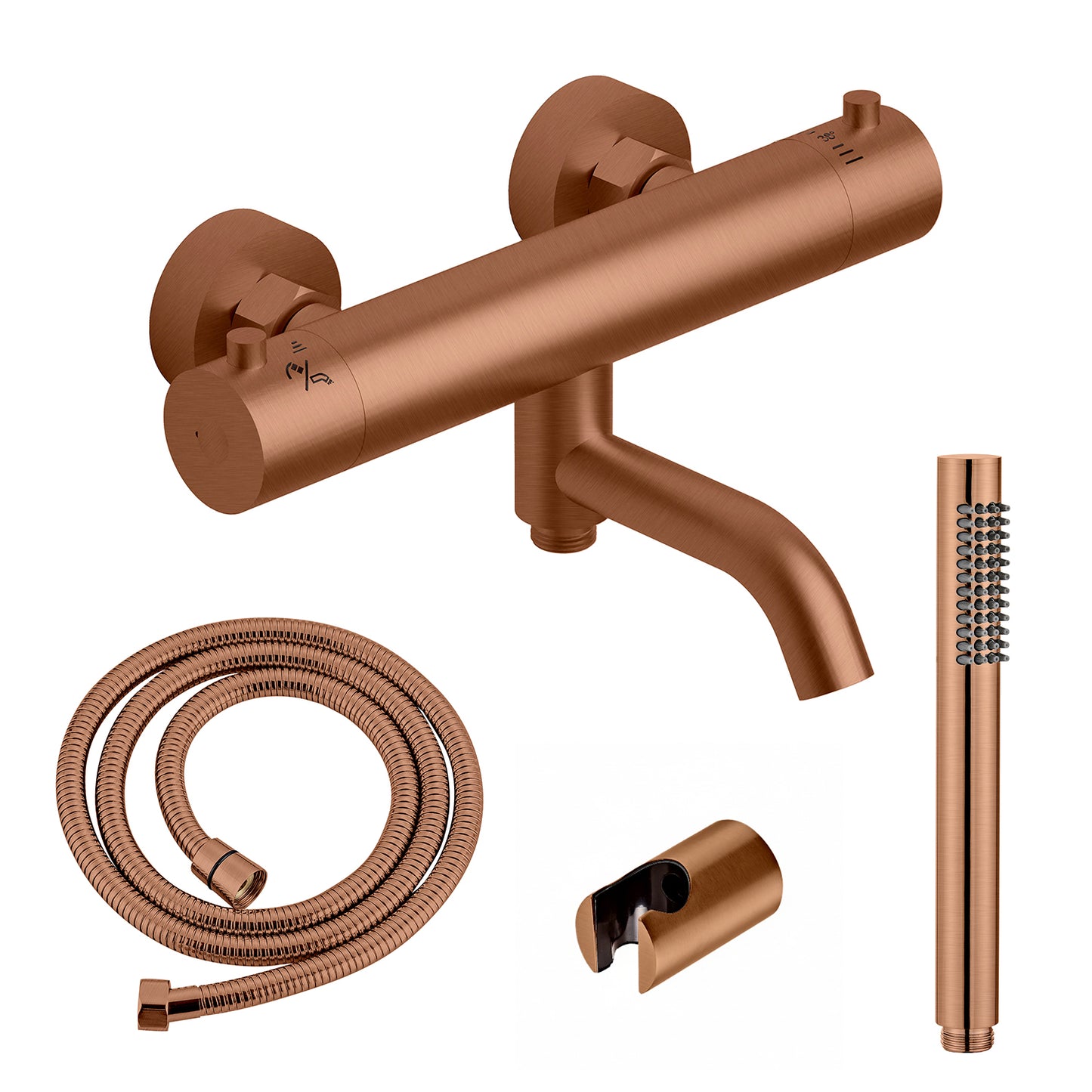 Fusion kararmatur m/slange, hånddusj og veggbrakett, børstet kobber