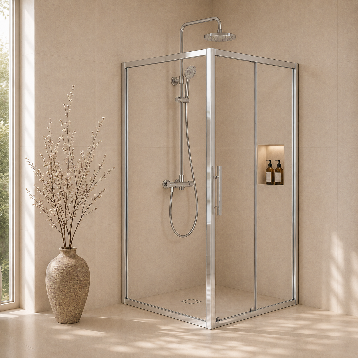 Linda pro skyvedør med fastfelt, klart glass, krom profil