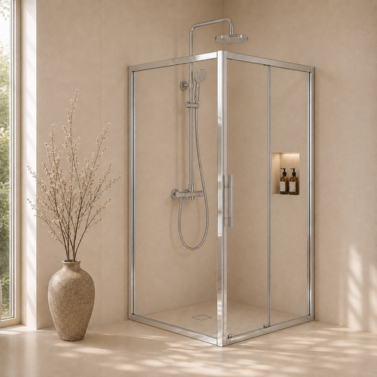 Linda pro skyvedør med fastfelt, klart glass, krom profil