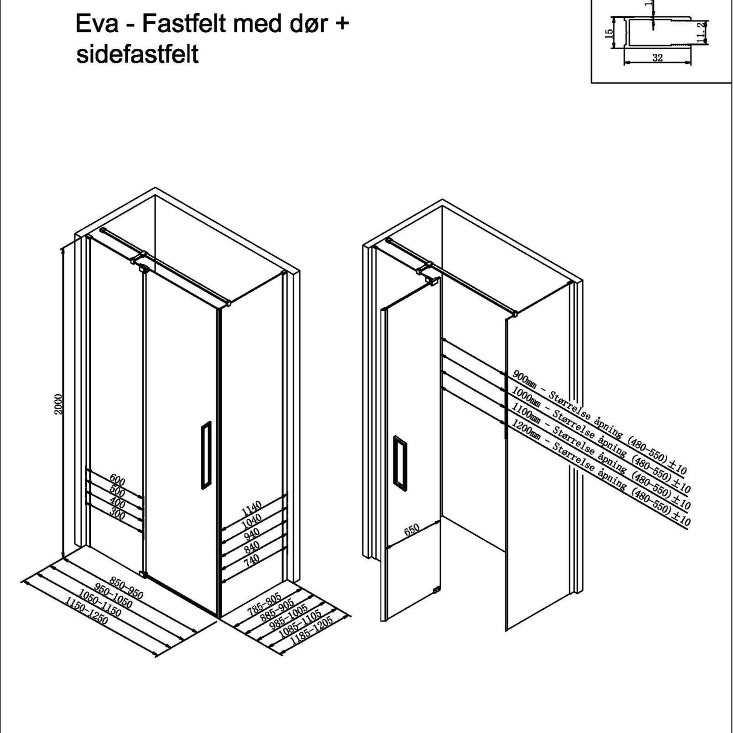 Ava dusjhjørne, brushed gun metal