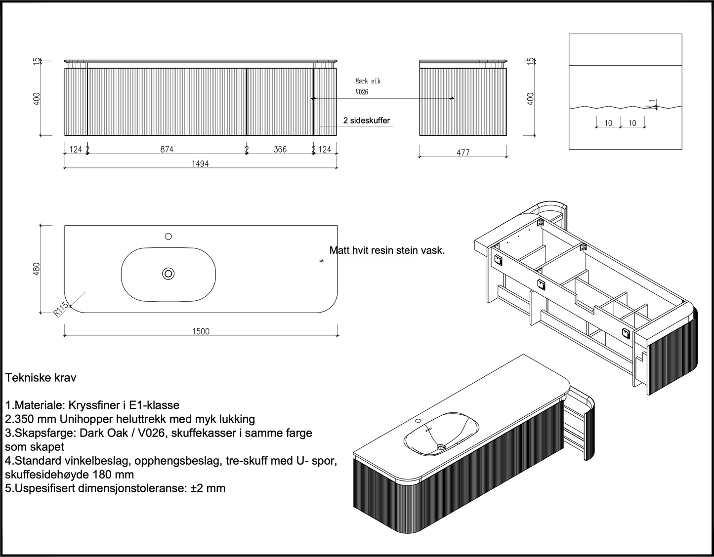 Nordic Sense 150 mørk eik UTEN/servant