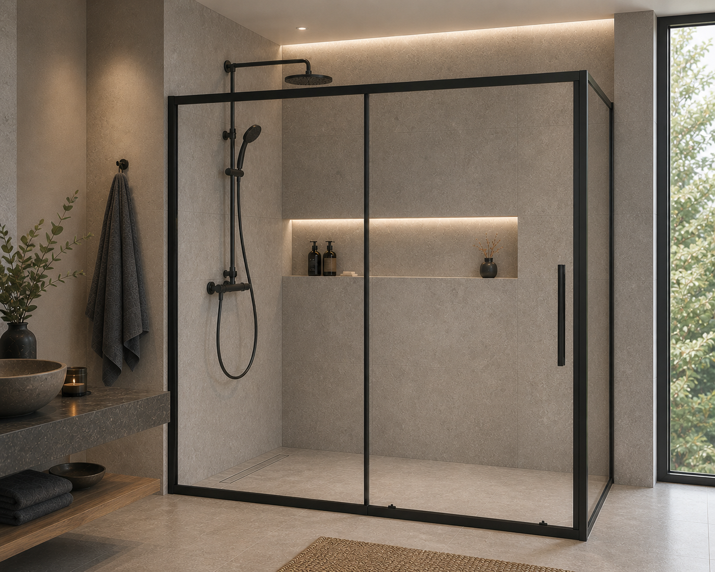 Linda pro skyvedør med fastfelt, klart glass, krom profil