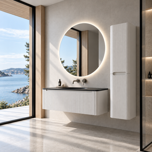Flow baderomsmøbel 120 cm hvit m/sort matt servant + ledspeil og høyskap