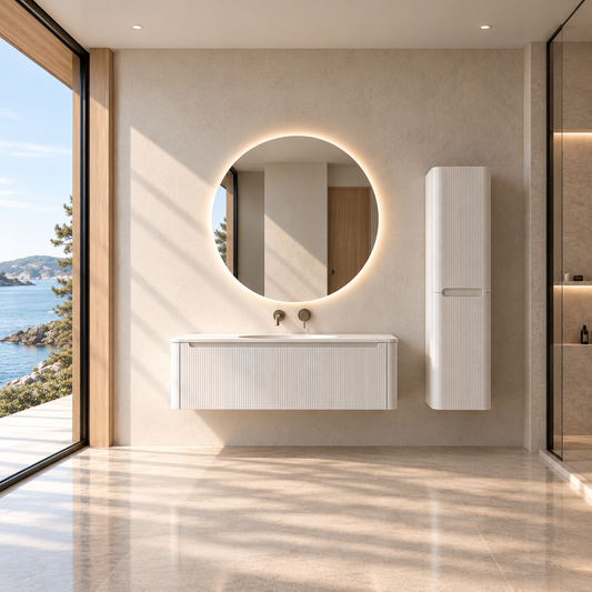 Flow baderomsmøbel 120 cm hvit m/hvit matt servant + ledspeil og høyskap