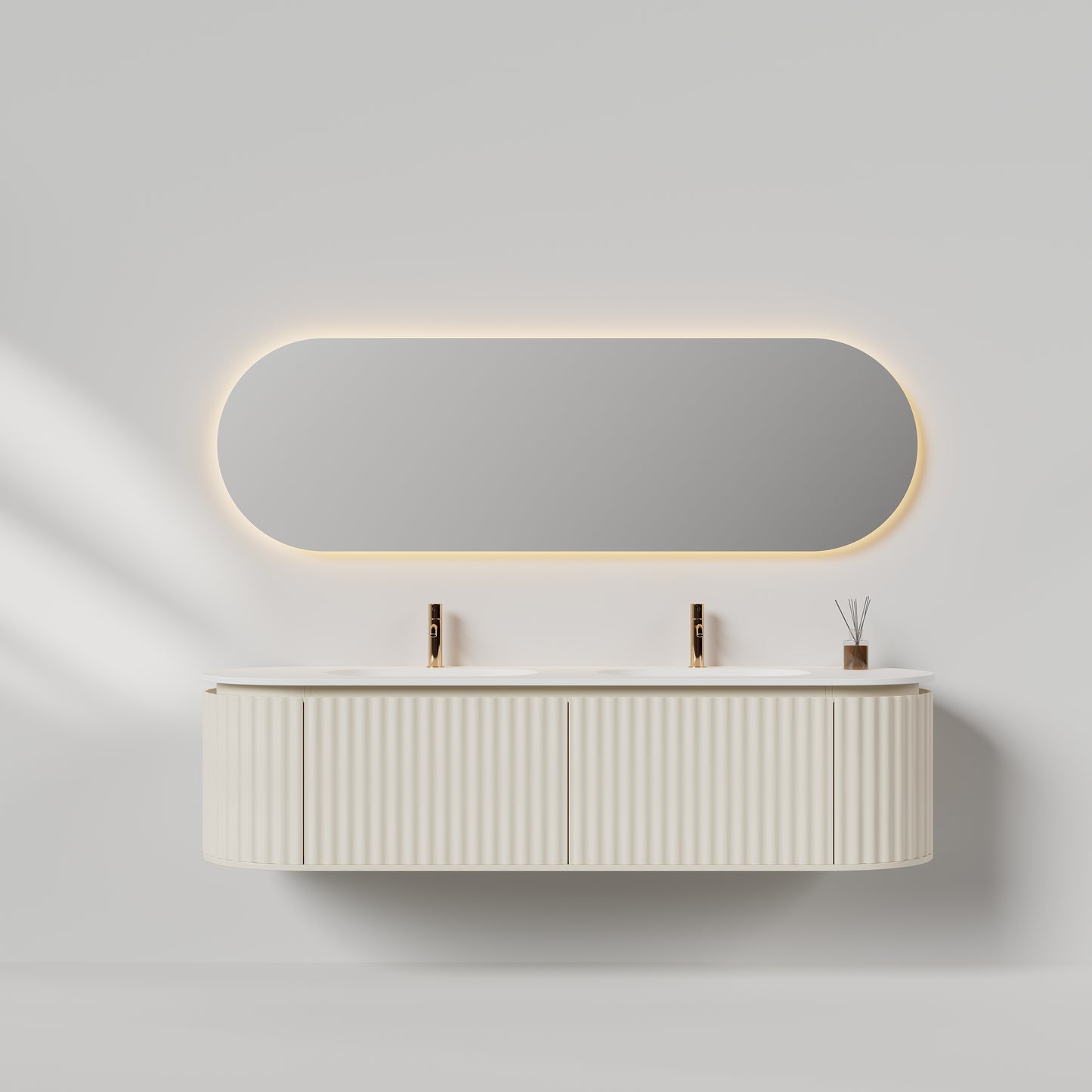 Nordic shape 180 beige med servant & ledspeil