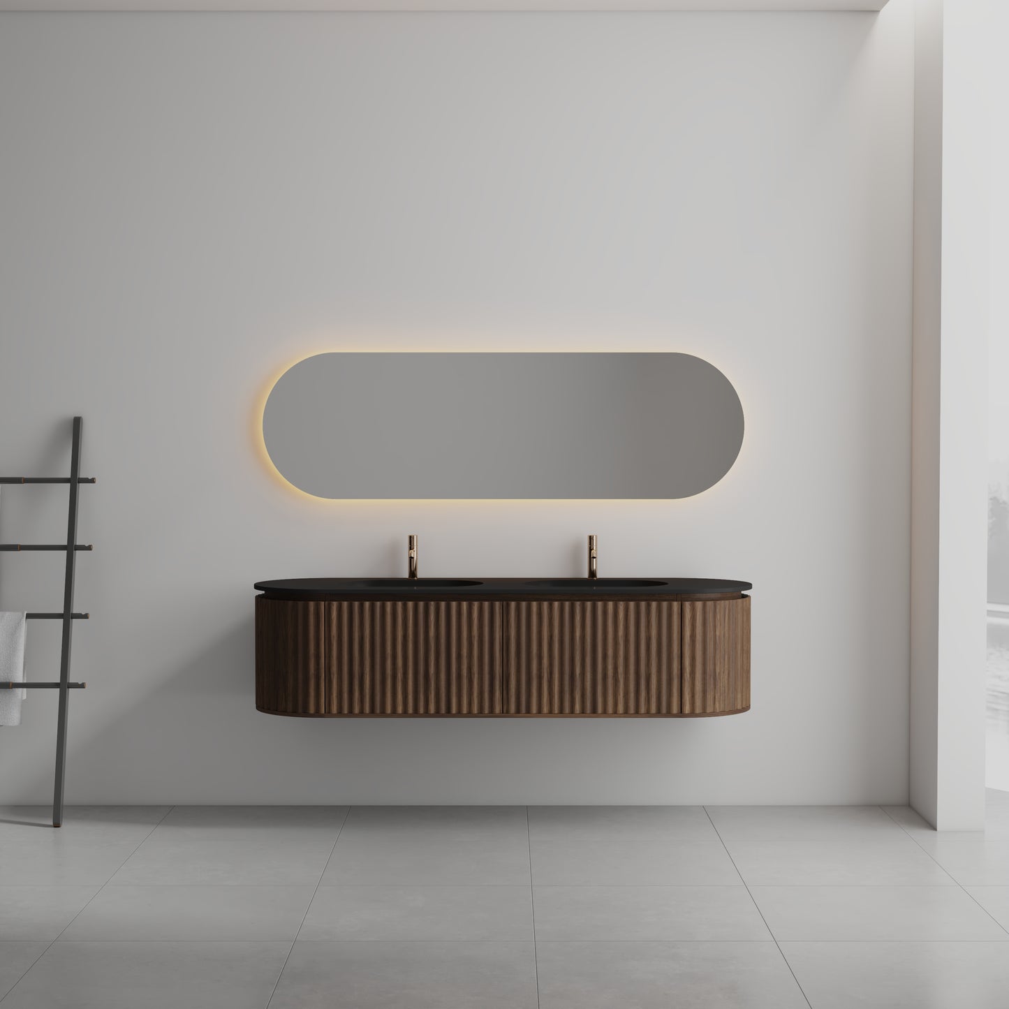 Nordic Shape 180 Valnøtt DOBBEL med sort matt servant og ledspeil