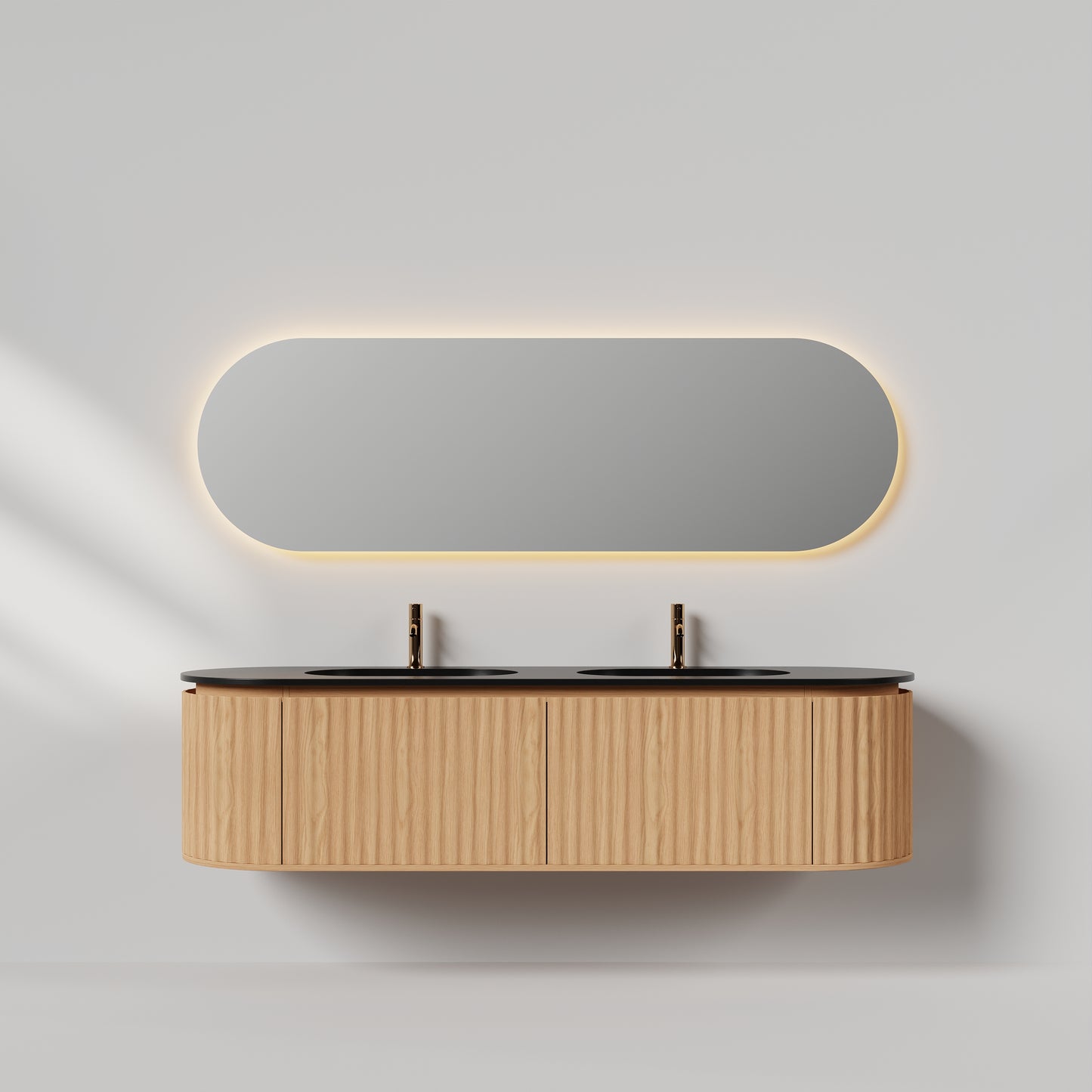 Nordic Shape 180 Eik DOBBEL med sort matt servant og ledspeil