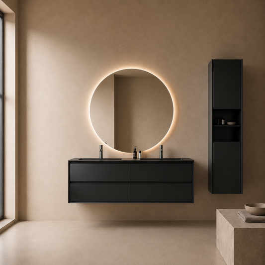 Oslo baderomsmøbel sort matt 150 cm m/sort matt servant, med earth ledspeil & høyskap