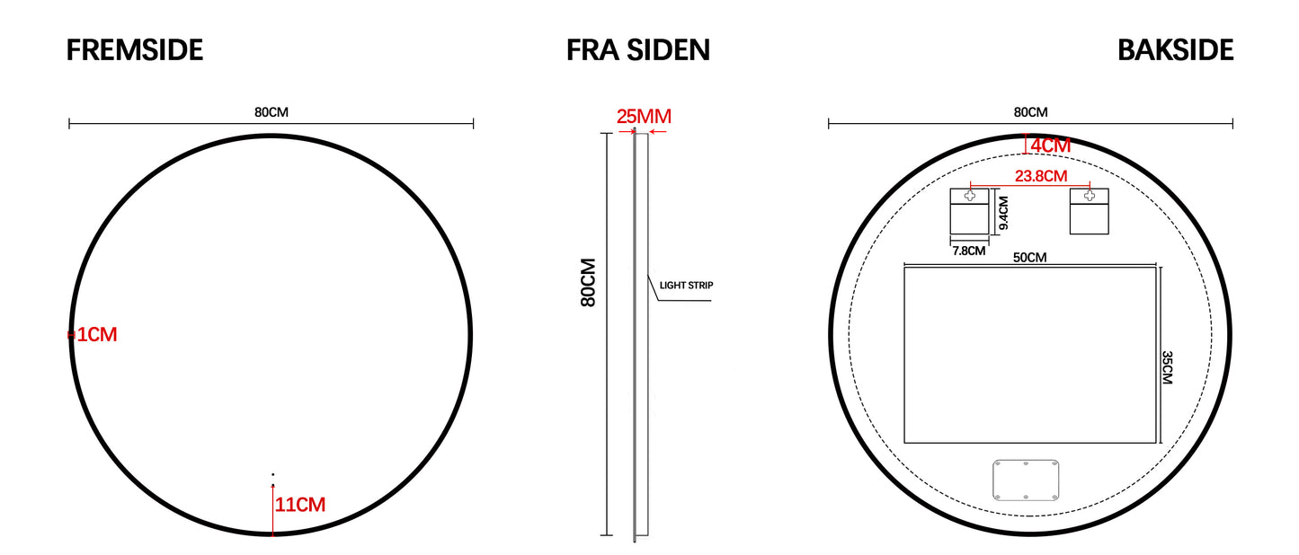 Padova dimbart rundt lysspeil m/antidugg ø80 cm