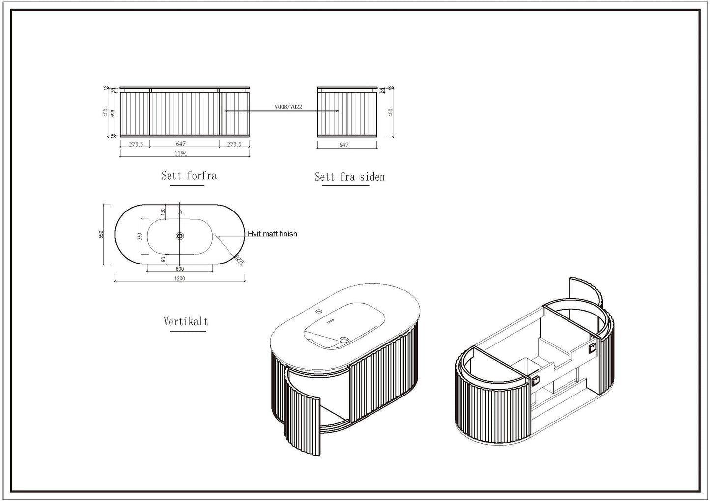 Nordic shape 120 møbelsett med speil & servant UTEN hull for blandebatteri