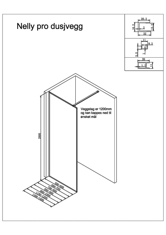 Nelly 100 cm pro dusjvegg med 8 mm linjeglass, børstet gull profil