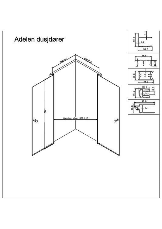 Adelen - dusjdører 90x90x195 sotet glass, sort matt profil