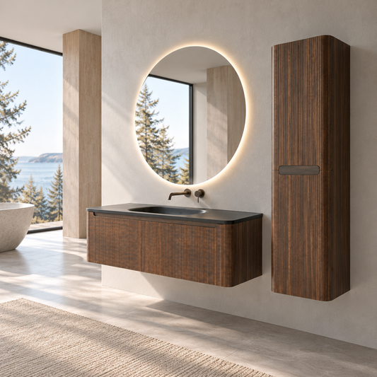 Flow baderomsmøbel 120 cm valnøtt m/sort matt servant + ledspeil og høyskap