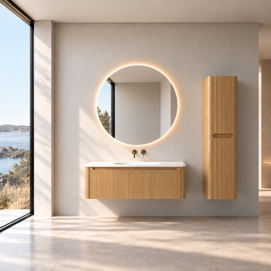Flow baderomsmøbel 120 cm eik m/hvit matt servant + ledspeil og høyskap