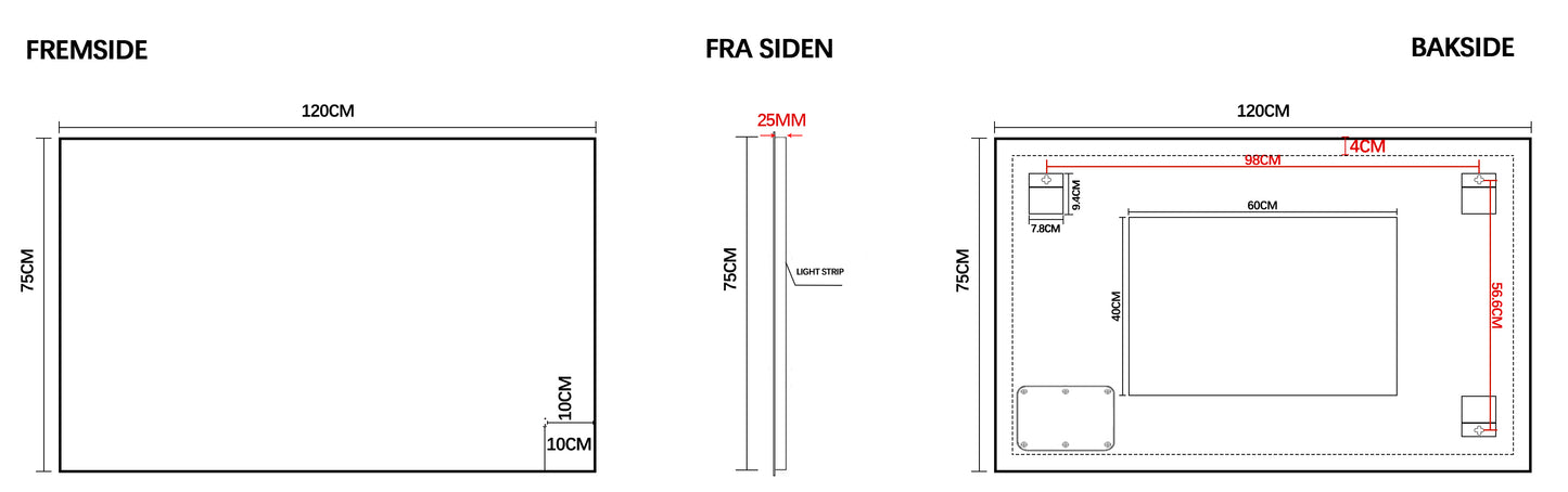 Stockholm dimbart lysspeil m/sort ramme 120x75 cm