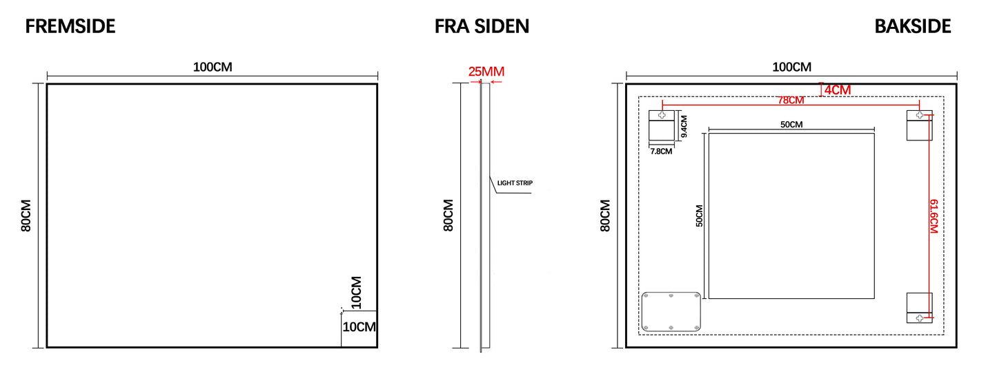 Stockholm dimbart lysspeil m/sort ramme 100x80 cm