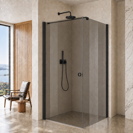 Adelen 80 cm dør + sidefastfelt 120 cm sotet glass, sort matt profil